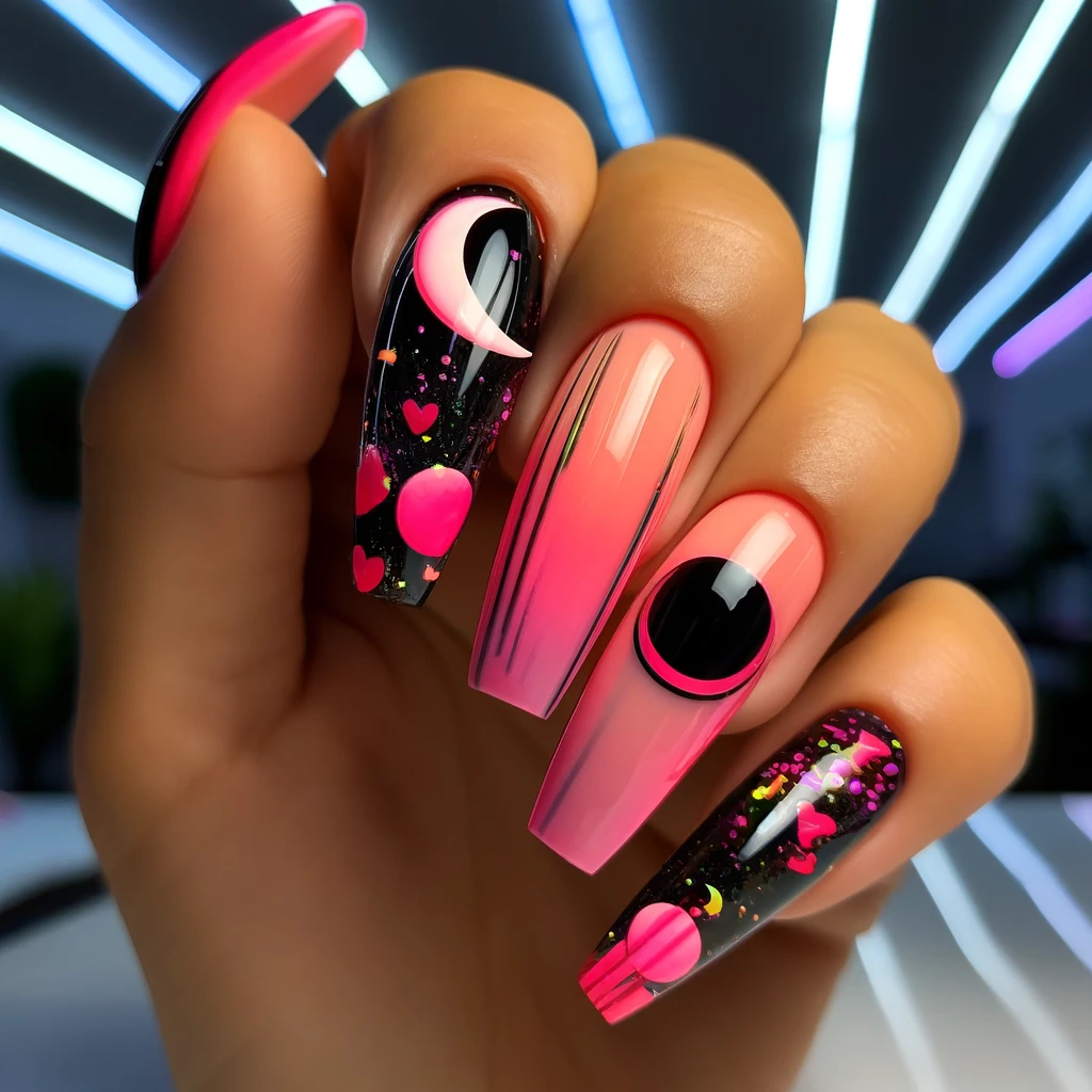DALL·E 2024 06 03 13.28.44 Close up of a womans balled up fist showing off her long acrylic nails with a beautiful design. The nails feature a neon pink Half Moon Mani print