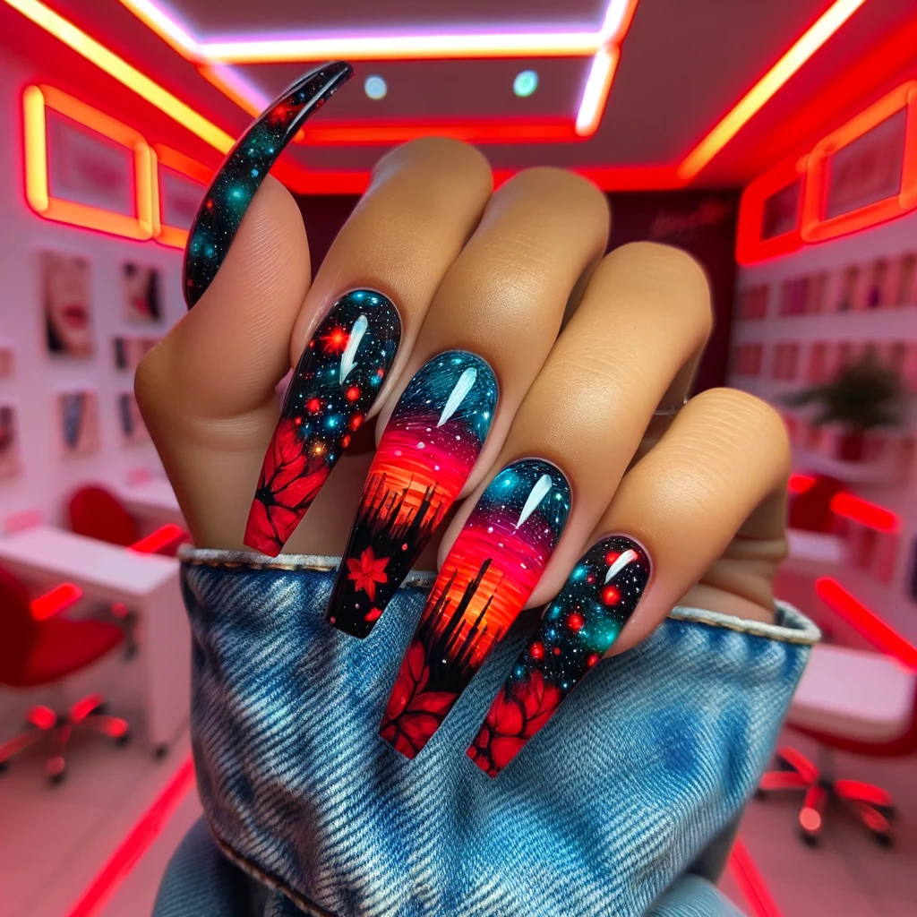 DALL·E 2024 06 03 14.13.53 Close up of a womans balled up fist showing off her long acrylic nails with a beautiful design. The nails feature a neon red Starry Night print on