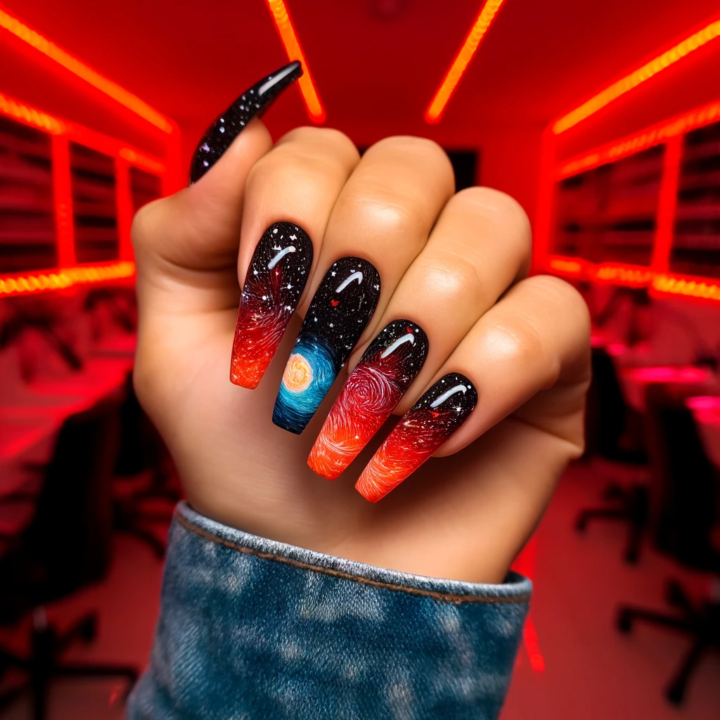 DALL·E 2024 06 03 14.14.57 Close up of a womans balled up fist showing off her long acrylic nails with a beautiful design. The nails feature a neon red Starry Night print on