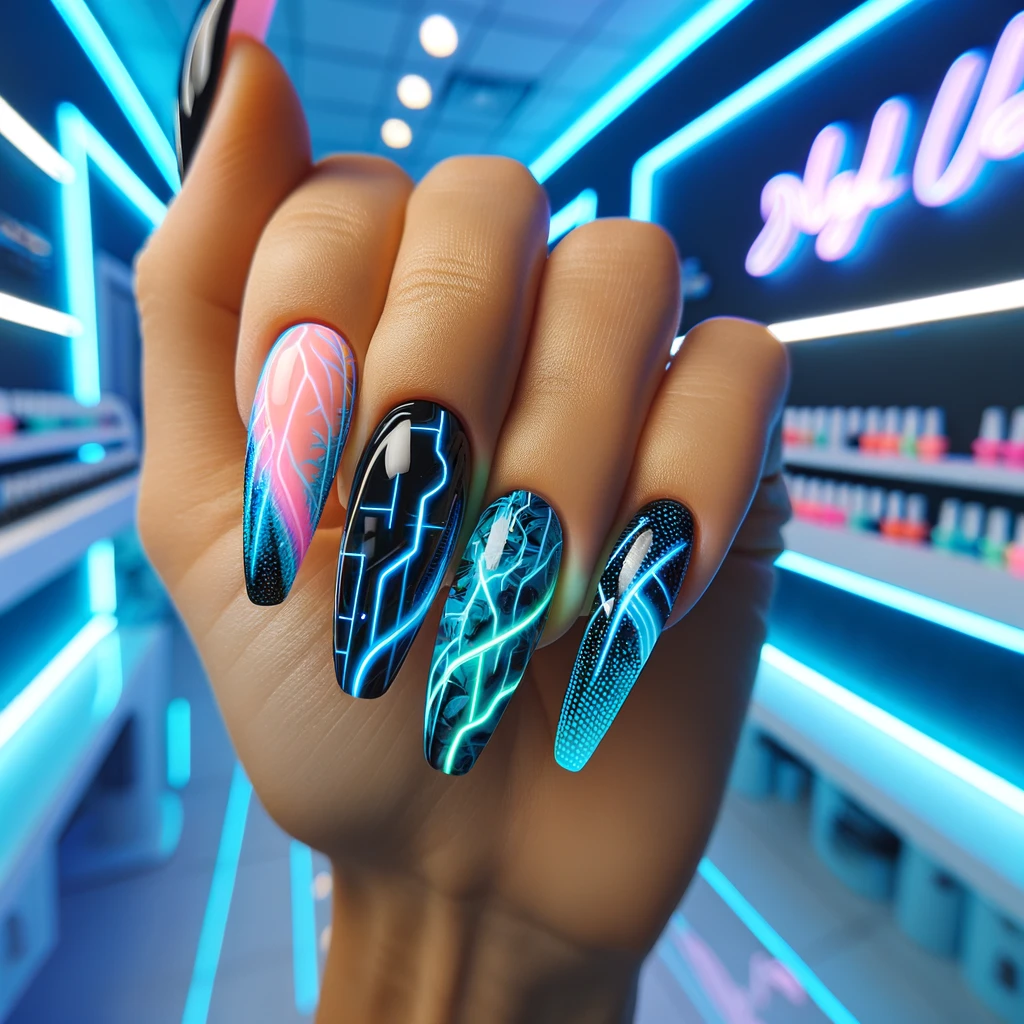 DALL·E 2024 06 03 16.26.58 Close up of a womans balled up fist showing off her long acrylic nails with a beautiful design. The nails feature a neon blue Neon Electric print o
