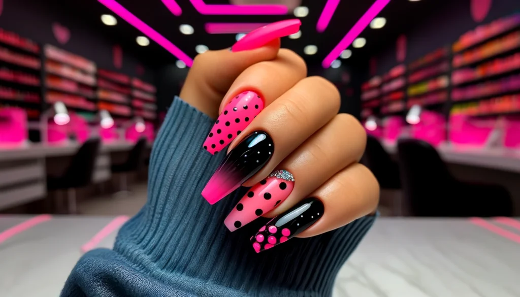 DALL·E 2024 05 26 20.54.21 A close up of a womans fist balled up showcasing her beautiful nail design. The nails are long and ombre with neon black Polka Dots tips. The botto