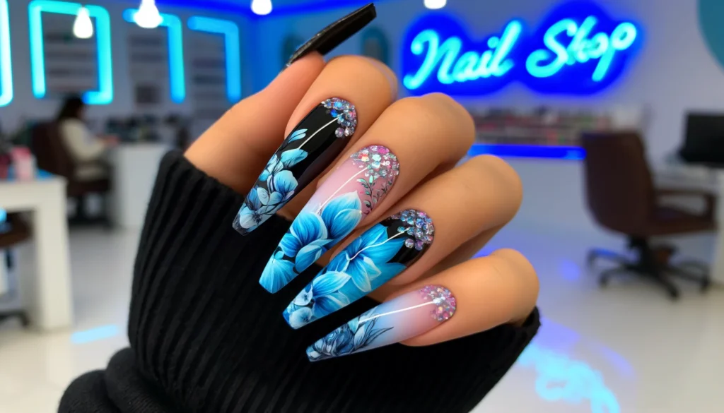 DALL·E 2024 05 27 15.41.44 A close up of a womans fist with long acrylic nails showcasing a beautiful neon blue floral watercolor design. The nails are decorated with neon blue