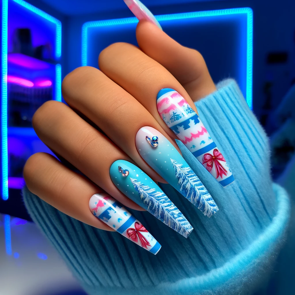 DALL·E 2024 05 29 10.46.27 A close up of a womans closed fist showing off her beautiful nail design with neon blue Wrapped in Holiday Cheer print. The nails are long acrylic n
