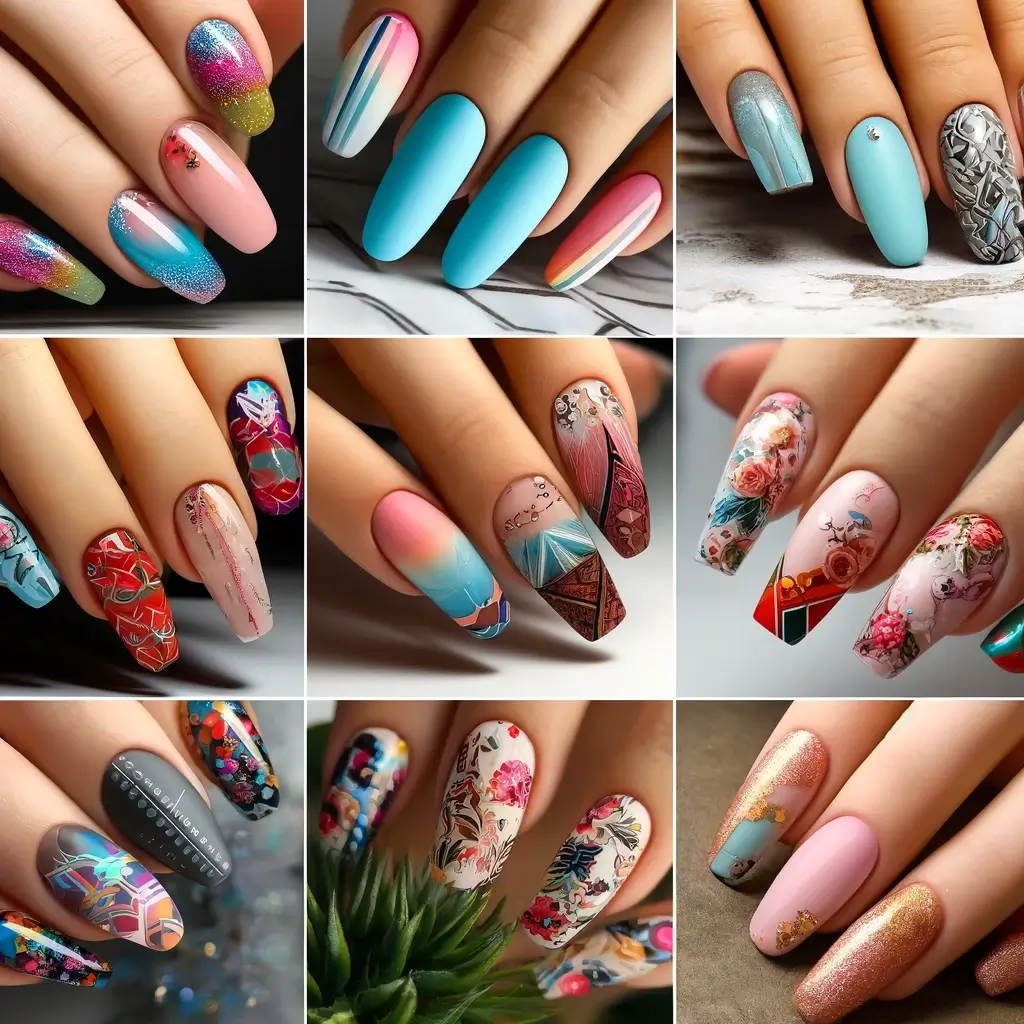 DALL·E 2024 05 26 10.44.22 A collage of 3 4 diverse trendy gel nail designs on short nails. Each design showcases different vibrant colors and patterns such as geometric shape