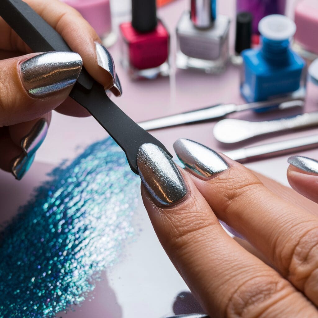 a close up image of a person applying chrome nail lTIQcaYiRMOozImvxnUYaw 9sffLi53QnumwvsbvHGfTw