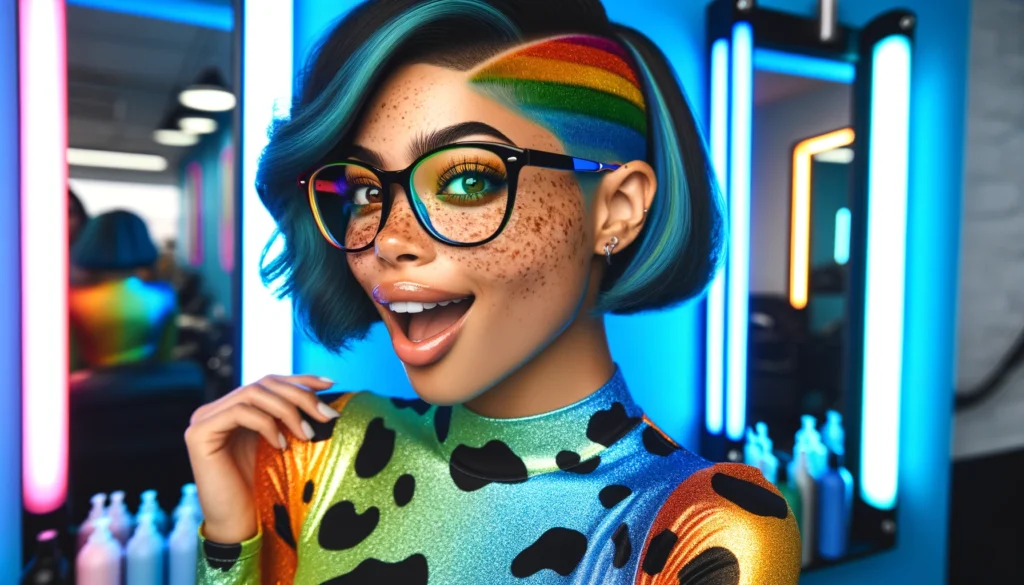 DALL·E 2024 06 11 18.23.59 A beautiful 26 year old Puerto Rican lady with freckles wearing a cut hairstyle and glasses. Her glasses are colored in rainbow hues including black