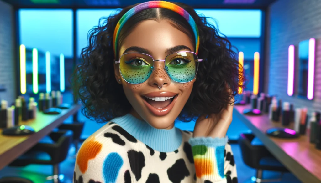 DALL·E 2024 06 11 21.36.46 A beautiful 26 year old Puerto Rican lady with freckles wearing a headband tuck hairstyle and glasses. Her glasses are colored in rainbow hues includ