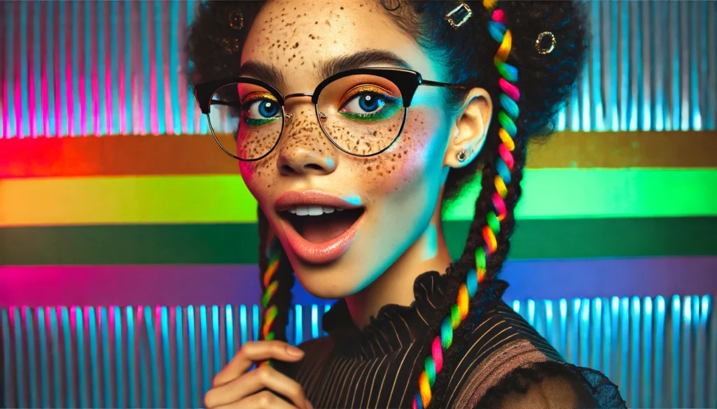 DALL·E 2024 06 13 21.09.26 A beautiful 26 year old Puerto Rican lady with freckles wearing a Milkmaid Braids hairstyle and glasses. Her glasses and outfit have a rainbow color s