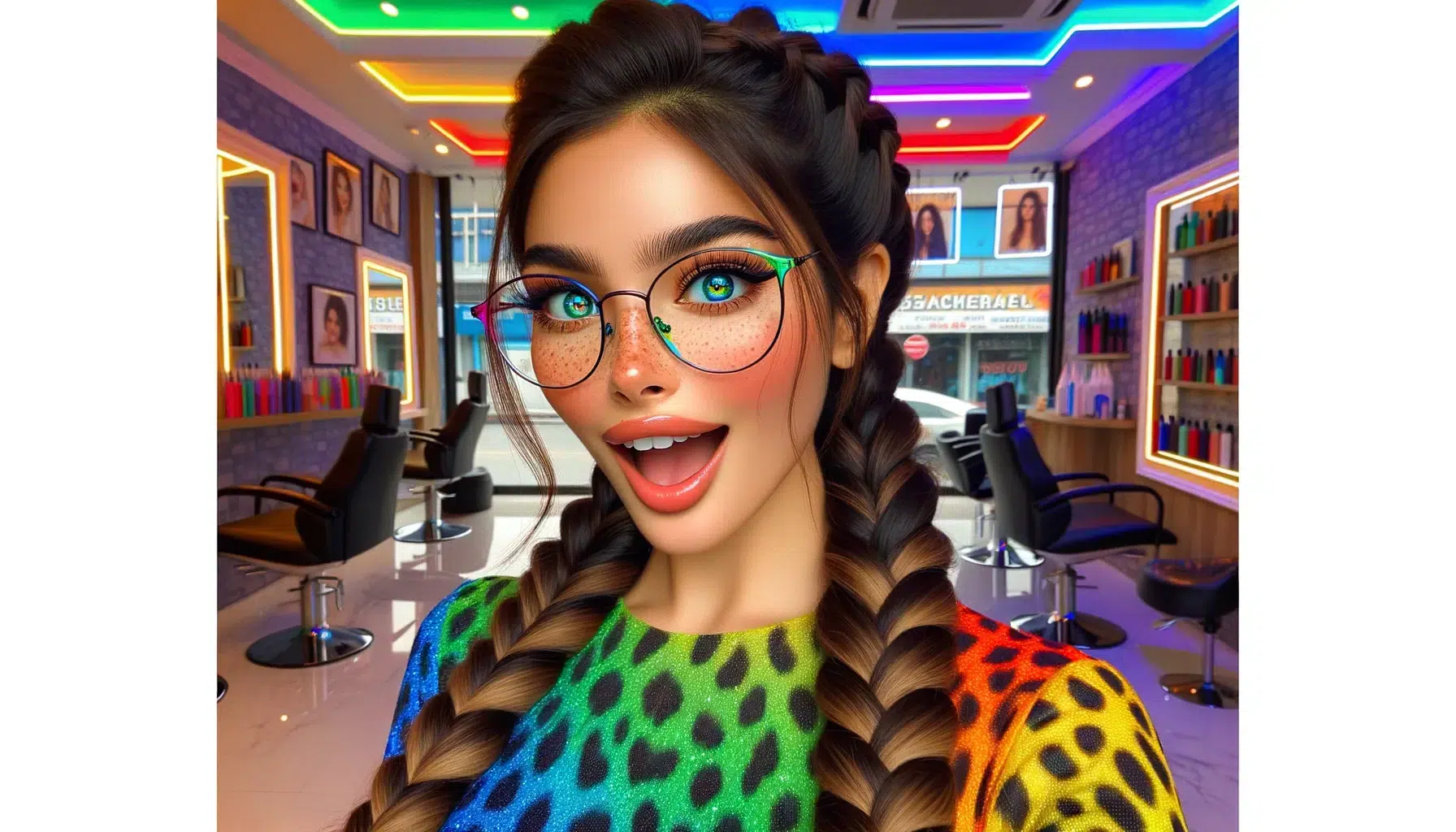 DALL·E 2024 06 08 08.54.46 A beautiful Pakistani lady 26 years old with freckles wearing a braided ponytail hairstyle. She is wearing glasses with colors of rainbow black co