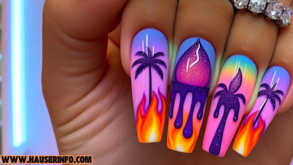 tropical flaming drip nails