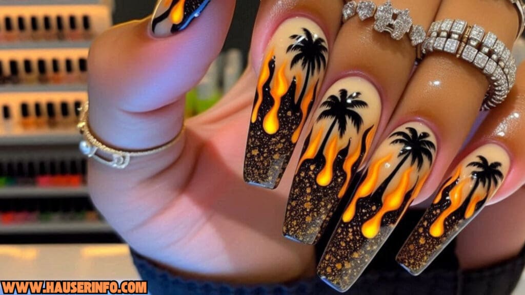 tropical flaming drip nails