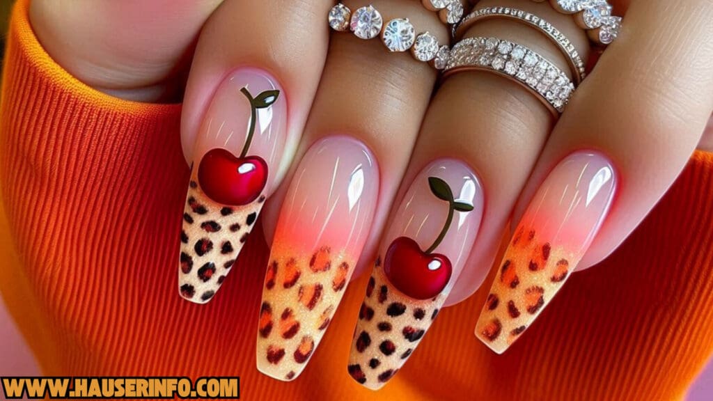 cherry leopard ladies nails