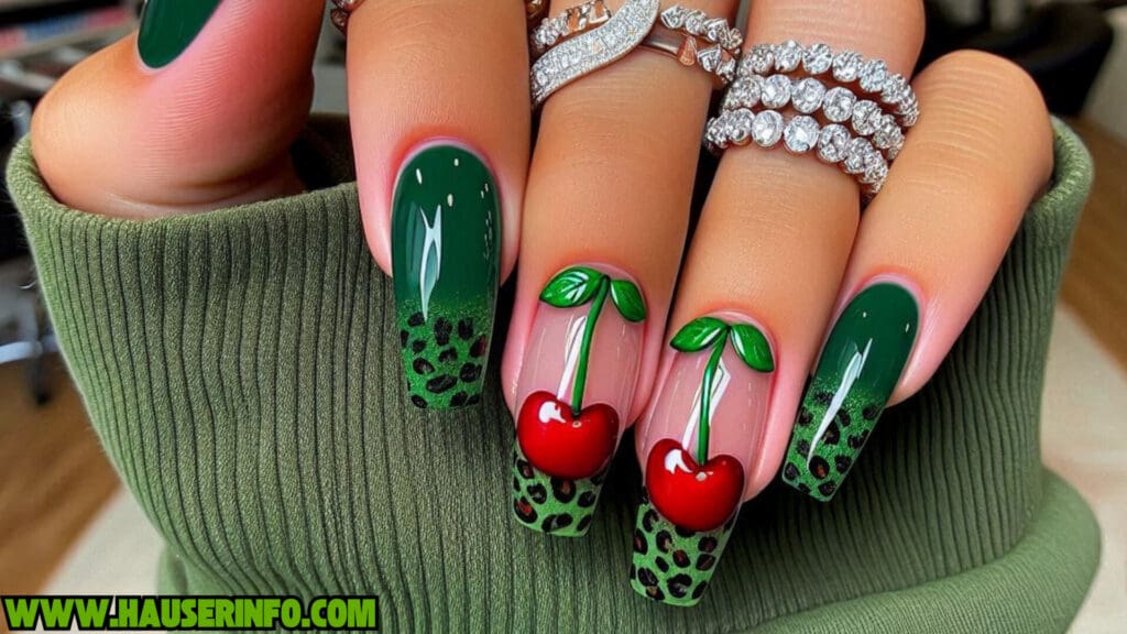 cherry leopard ladies nails