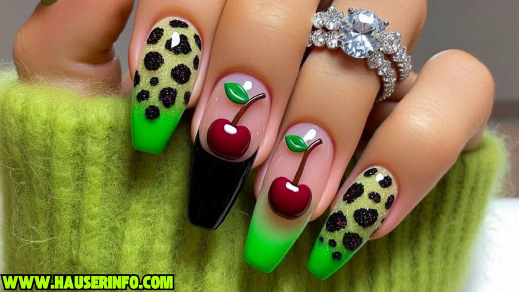 cherry leopard ladies nails