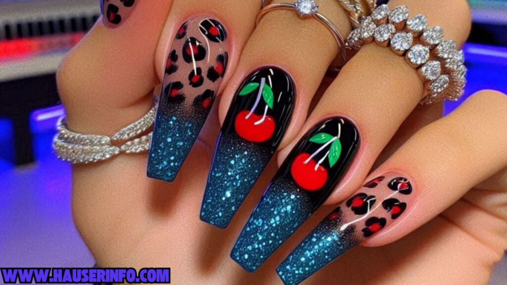 cherry leopard ladies nails