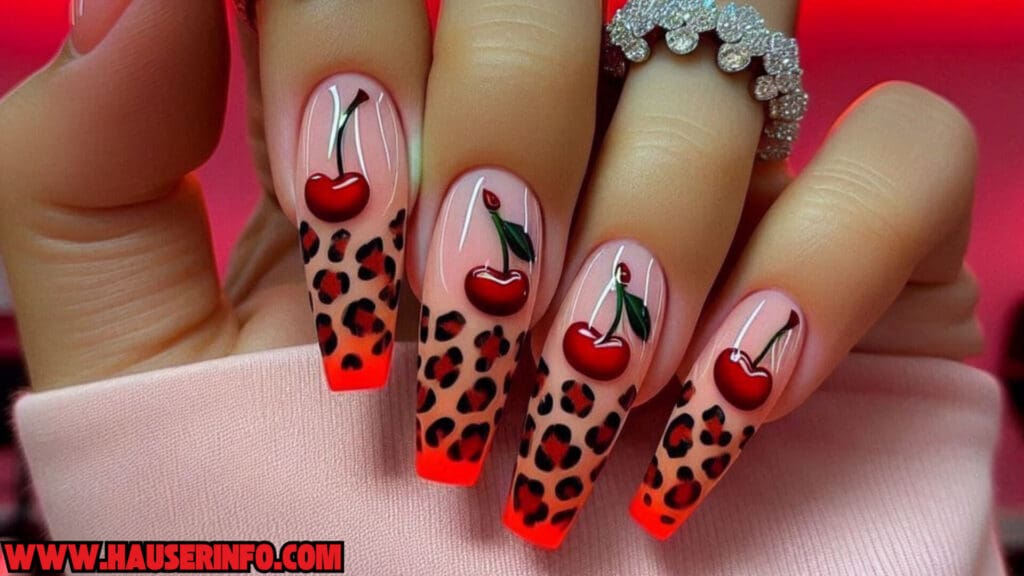 cherry leopard ladies nails