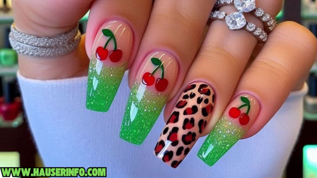 cherry leopard ladies nails