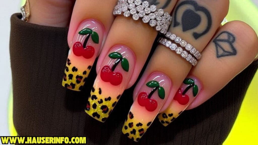 cherry leopard ladies nails