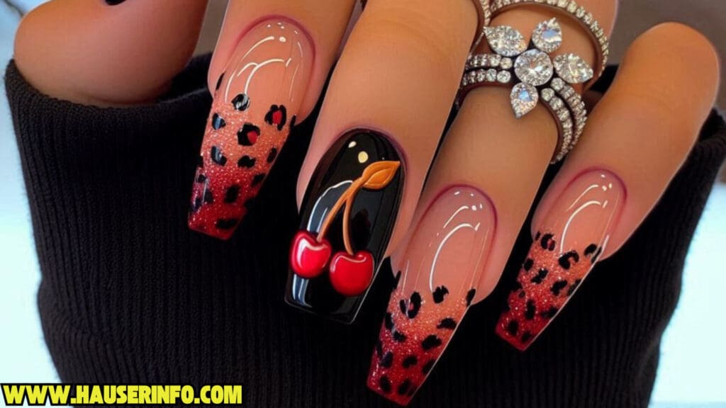 cherry leopard ladies nails