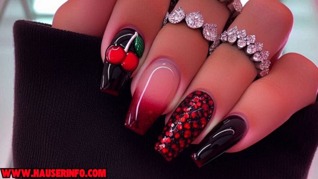 cherry leopard ladies nails