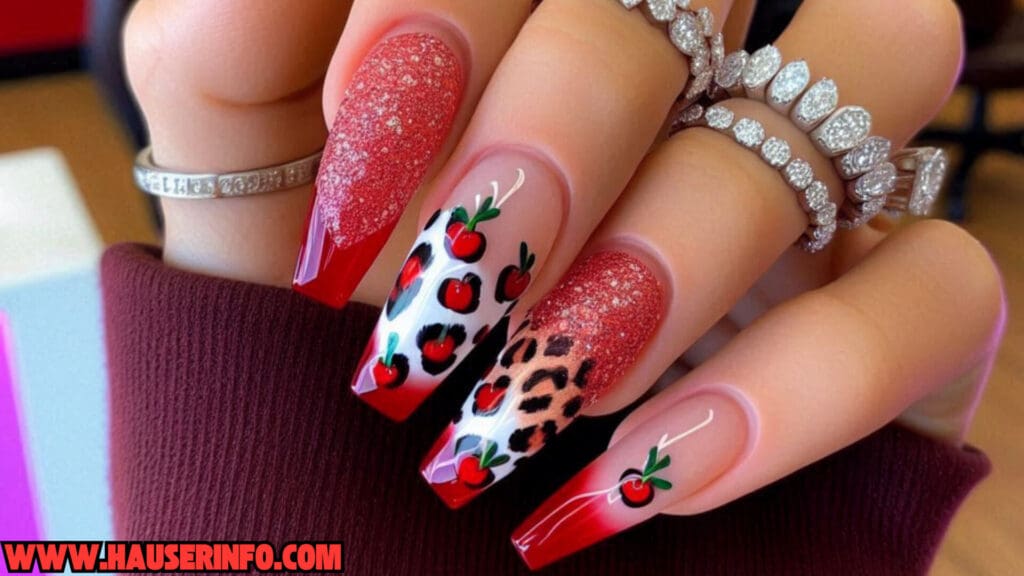 cherry leopard ladies nails