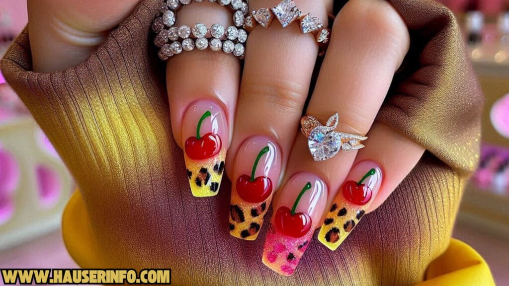 cherry leopard ladies nails