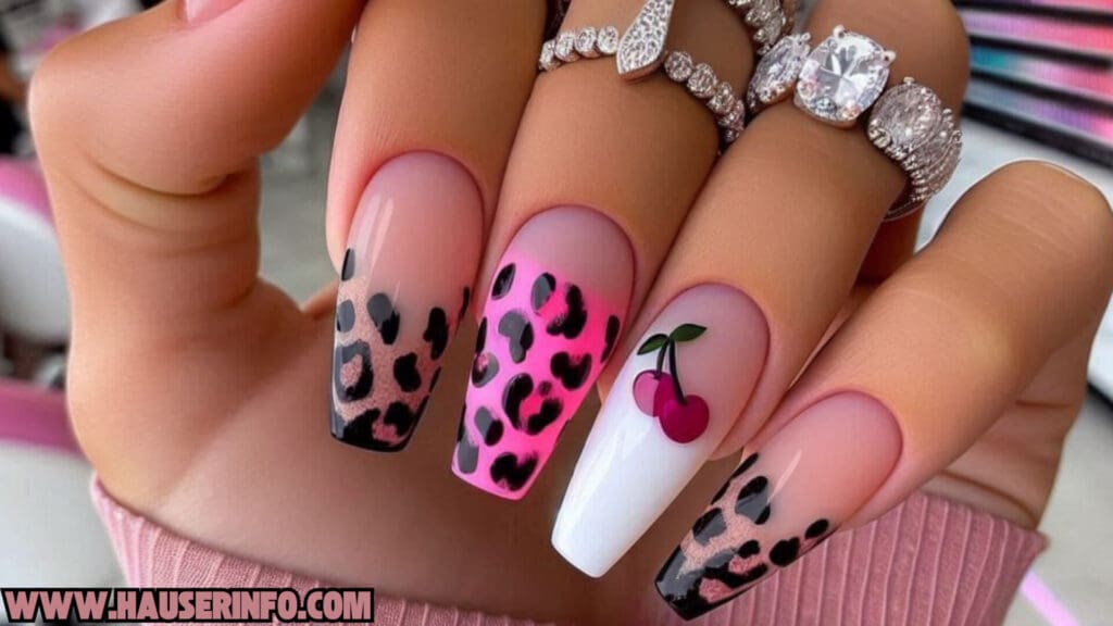 cherry leopard ladies nails