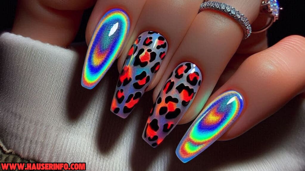 holographic neon leopard nails