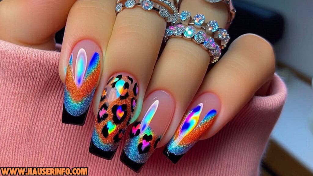 holographic neon leopard nails