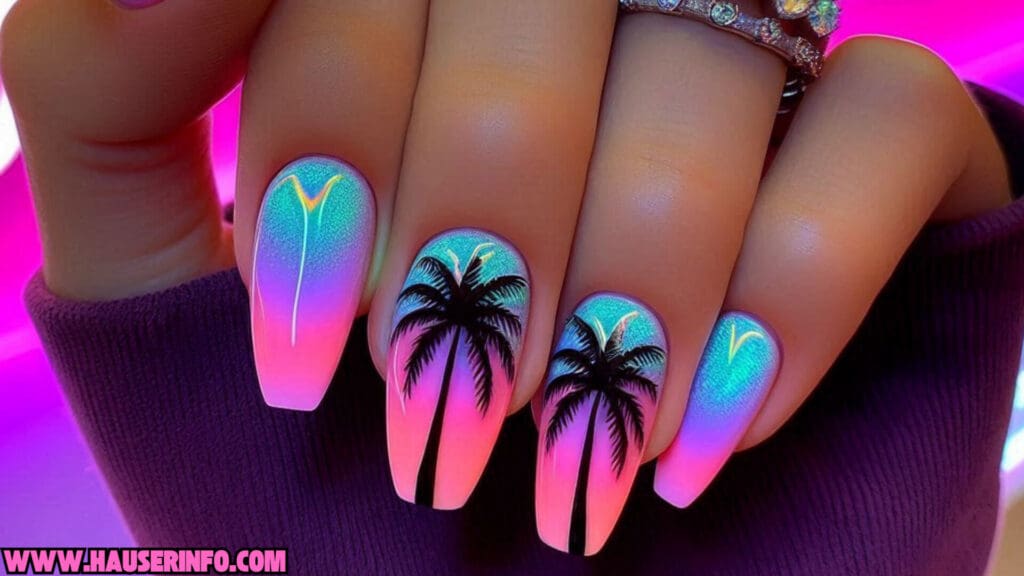 holographic palm tree nails