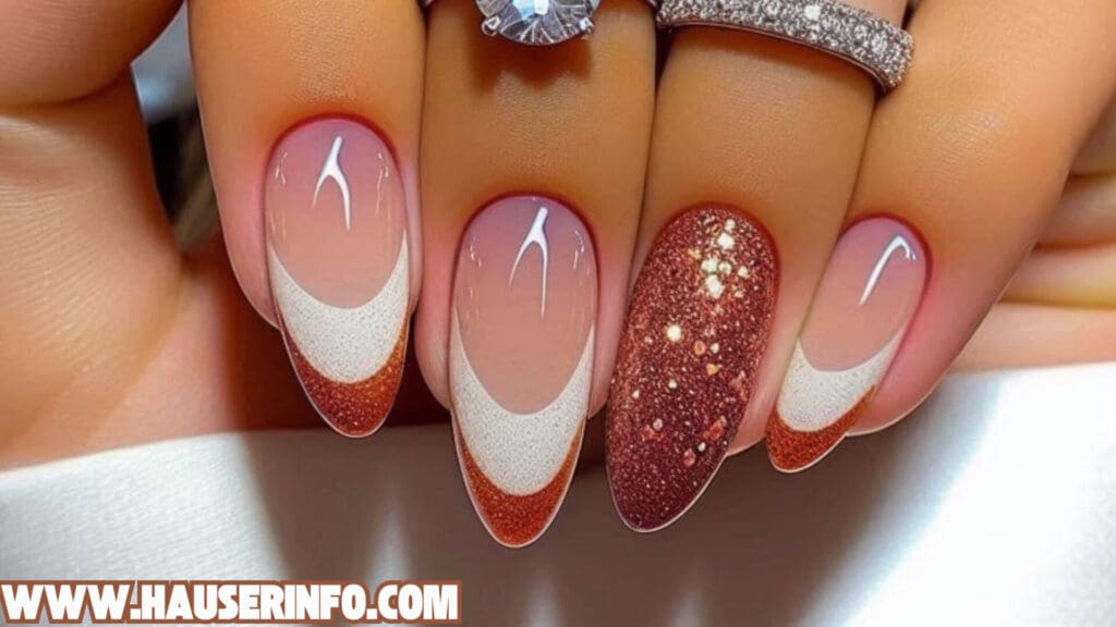 These festive nails are perfect for adding a touch of sparkle to your Thanksgiving celebration! The warm orange and brown hues, paired with a delicate white French tip and a sprinkle of glitter, create a look that's both elegant and festive.

Recreate the Look:

Start with a nude base coat.
On select nails, apply a warm orange polish.
On the remaining nails, apply a copper glitter polish.
Use a thin brush and white polish to create the French tips.
Finish with a glossy top coat.
Nail art inspired by Hauser Info Ladies Nails.